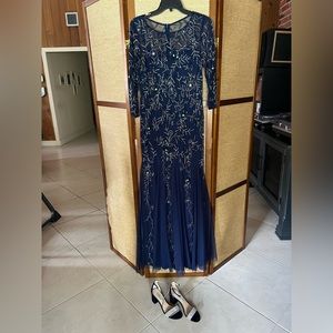 Dark blue, beaded formal dress. Adriana Pappel size 8 with shoes, Nina size 7.5M